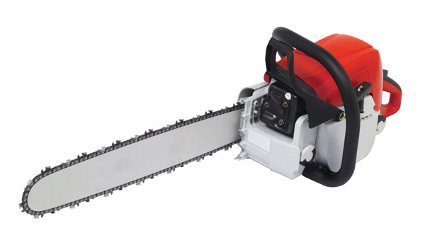 Red and white chainsaw