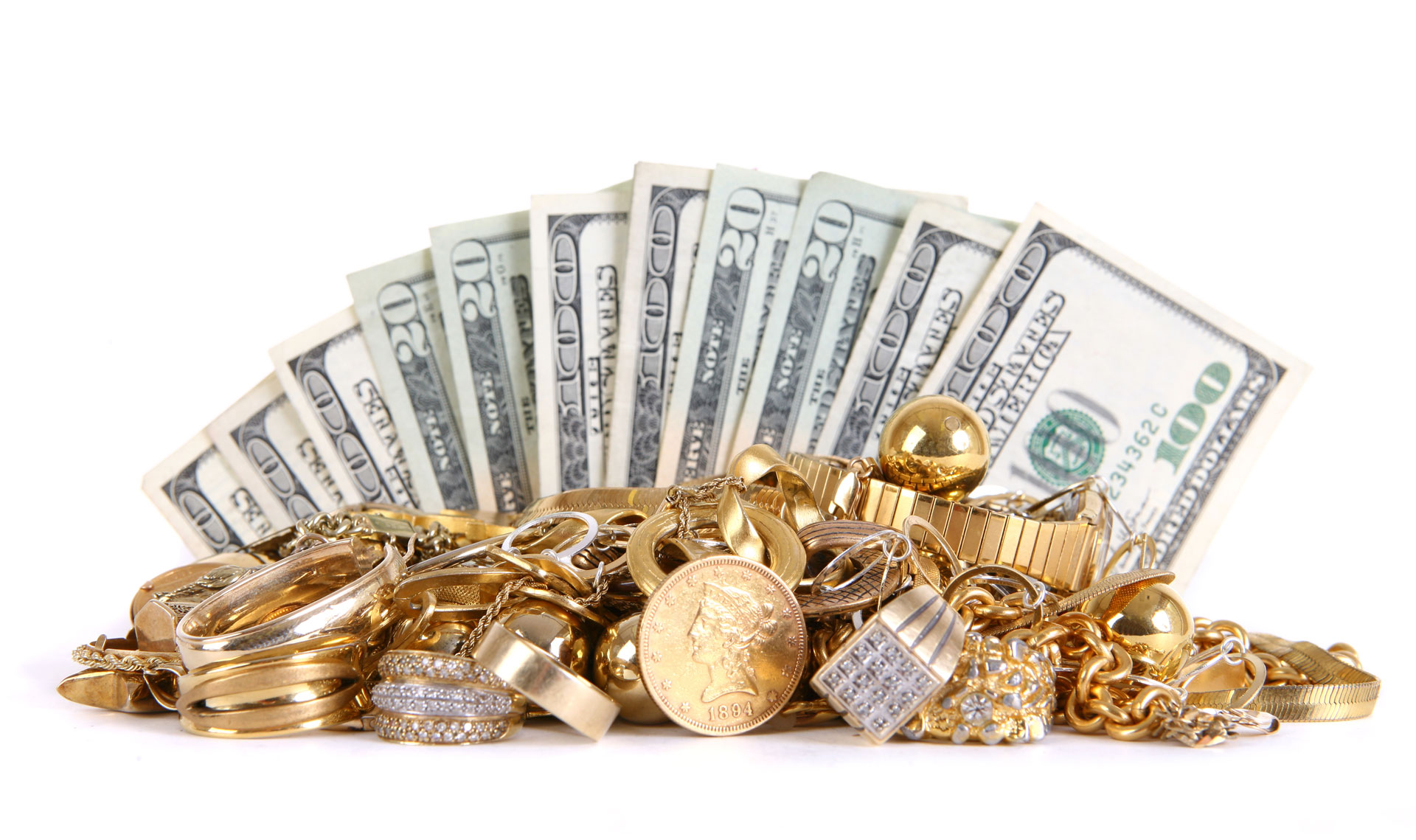 money spread out behind a pile of jewelry